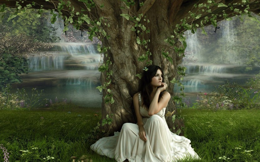 woman, tree, waterfall, whitedress