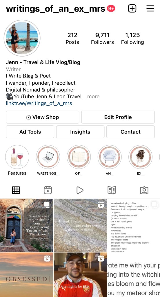 Photo of the main instagram screen for Writings_of_an_ex_mrs on Instagram showing following count, post count, and the first more recent posts on her page