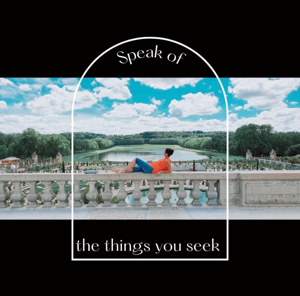 Palace of Versailles back garden area woman laying on stone fence infront of the lake and gardens area wearing an orange shirt with light blue short pants with dark hair in a bun looking out to the garden with text on image saying speak of the things you seek