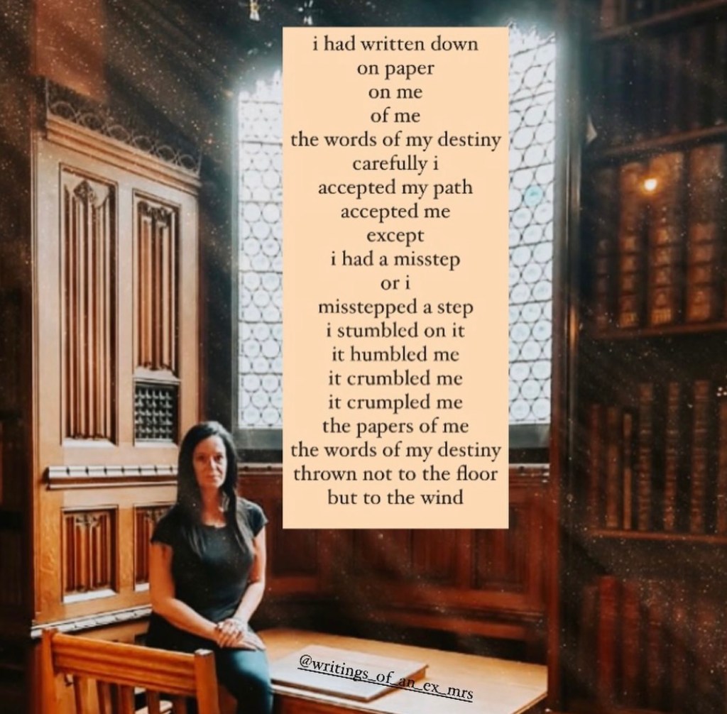 woman with dark hair sitting on old wood desk in John Ryland Library with shelves with a poem on the image 