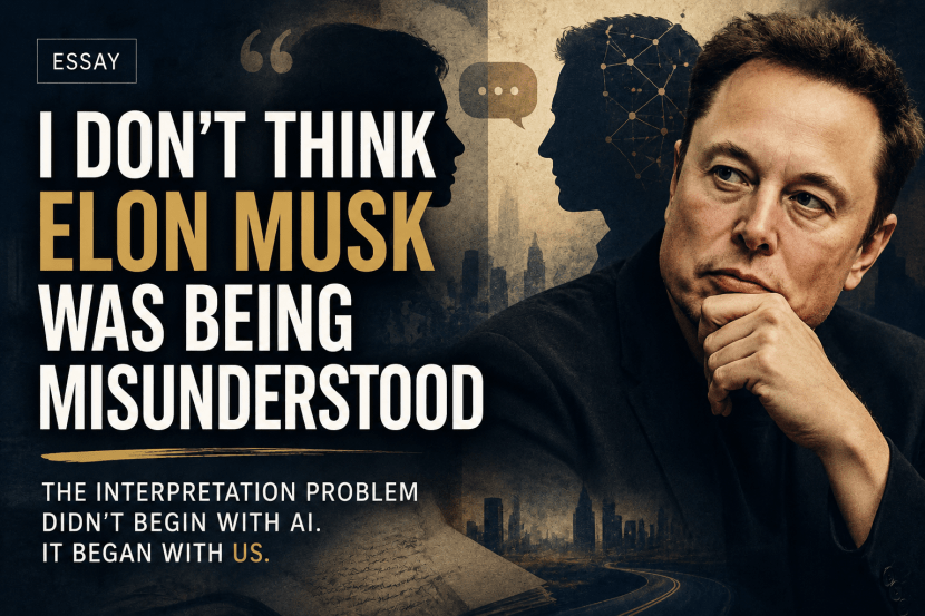 Essay thumbnail featuring Elon Musk alongside silhouettes illustrating different cognitive communication styles and the subtitle: The interpretation problem didn't begin with AI. It began with us.