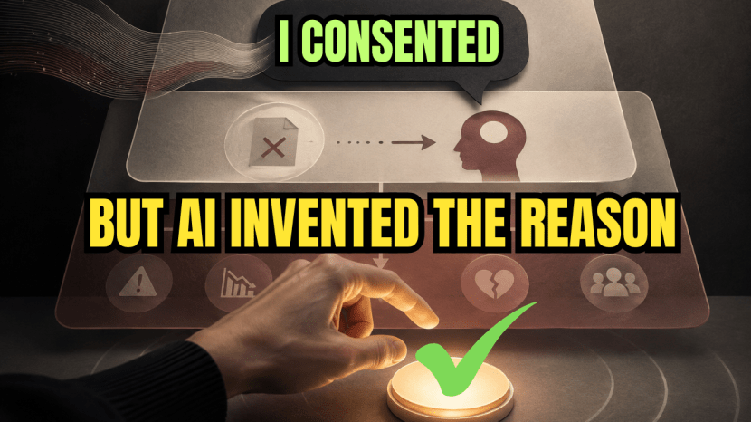 A hand hovering over a glowing consent button as false information branches into unintended consequences