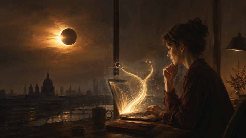 Woman using an AI assistant on her laptop beneath a solar eclipse in England